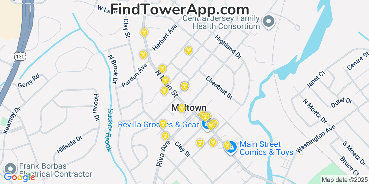 Map showing the 20 primary cell tower locations detected in Milltown, New Jersey from AT&T, Verizon, and T-Mobile networks
