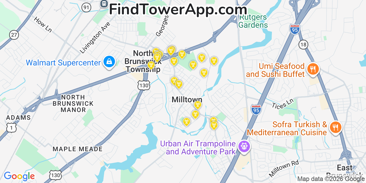 Map showing the 20 primary cell tower locations detected in Milltown, New Jersey from AT&T, Verizon, and T-Mobile networks