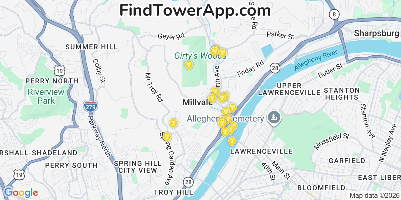 Map showing the 20 primary cell tower locations detected in Millvale, Pennsylvania from AT&T, Verizon, and T-Mobile networks
