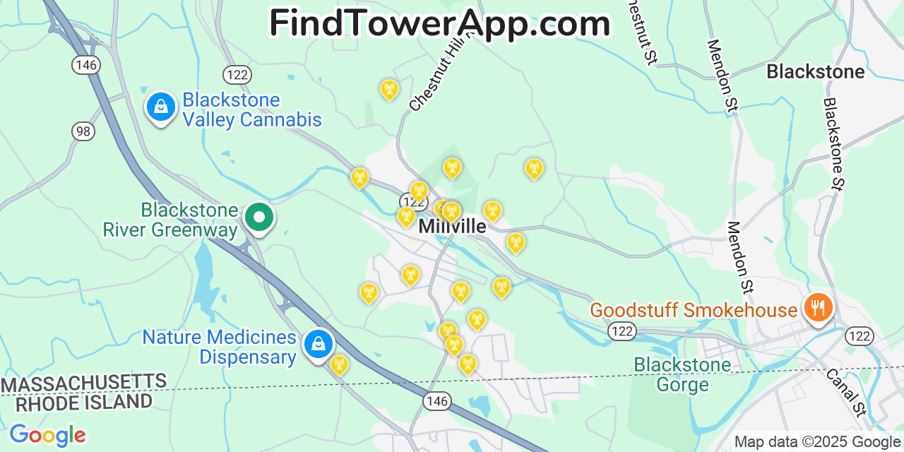 Map showing the 20 primary cell tower locations detected in Millville, Massachusetts from AT&T, Verizon, and T-Mobile networks
