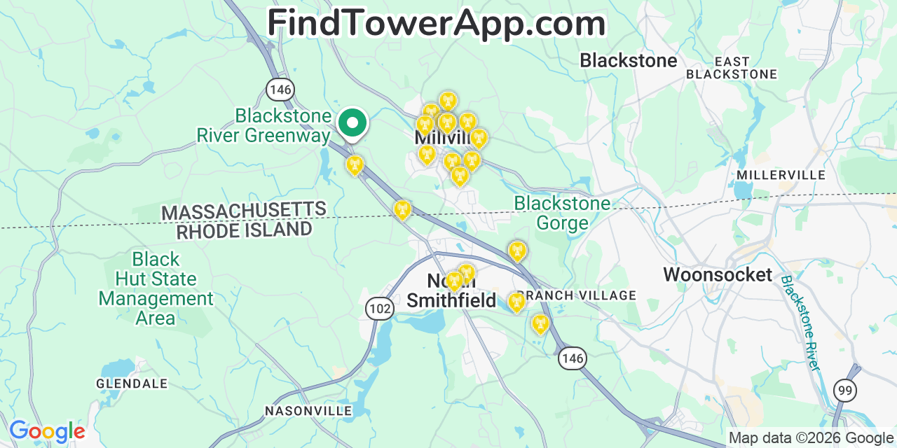 Map showing the 20 primary cell tower locations detected in Millville, Massachusetts from AT&T, Verizon, and T-Mobile networks