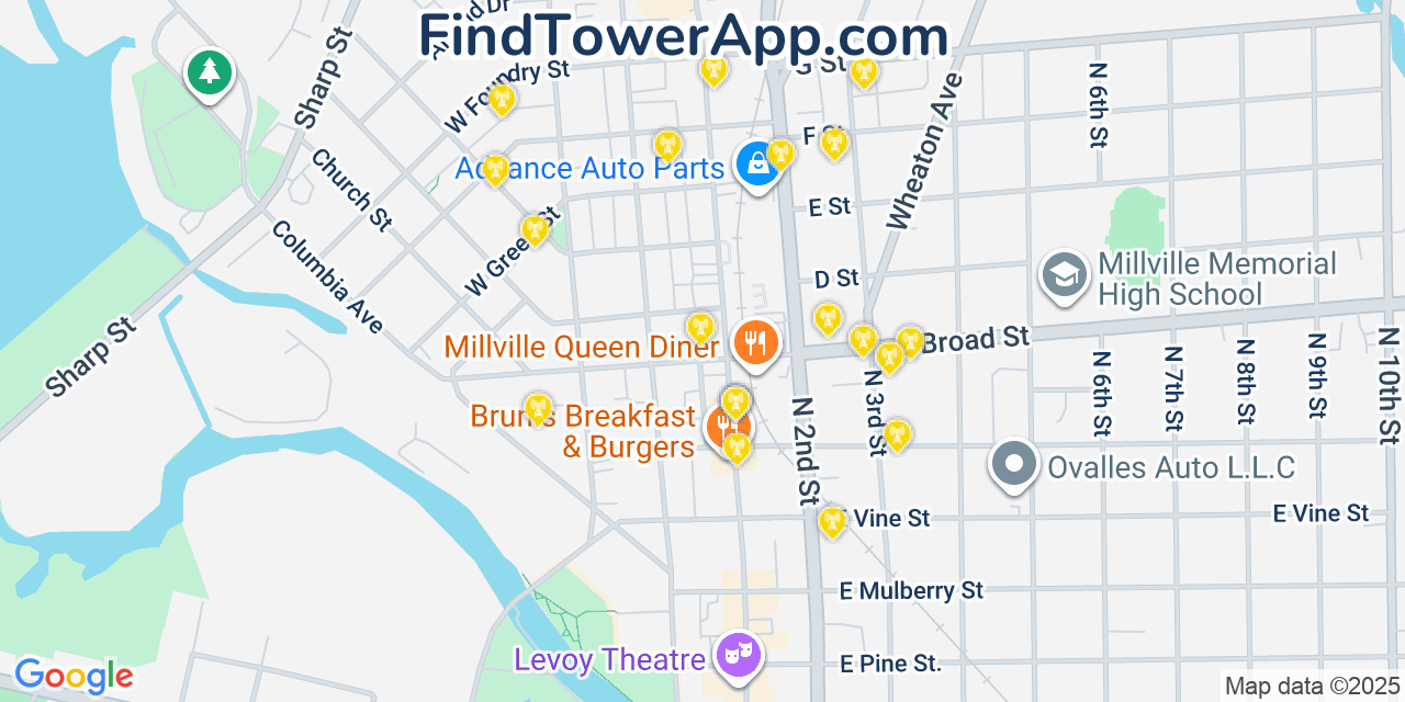 Map showing the 20 primary cell tower locations detected in Millville, New Jersey from AT&T, Verizon, and T-Mobile networks