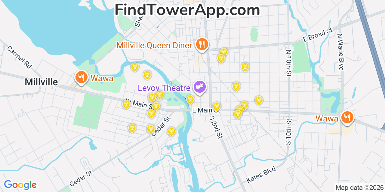 Map showing the 20 primary cell tower locations detected in Millville, New Jersey from AT&T, Verizon, and T-Mobile networks