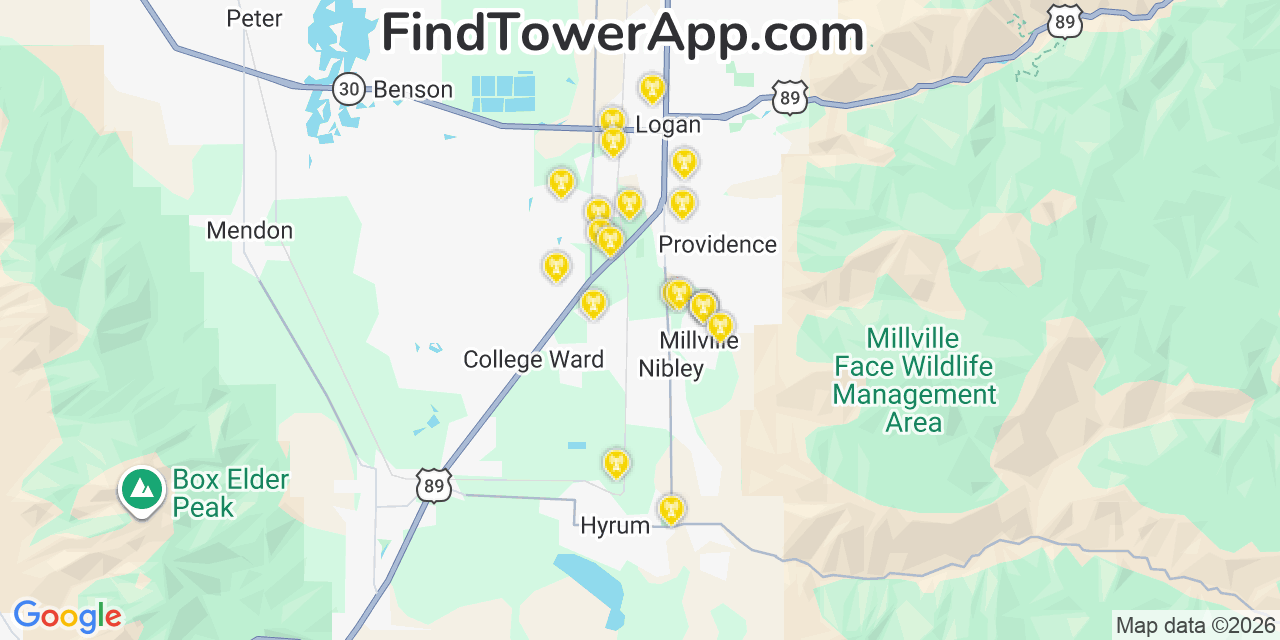Map showing the 20 primary cell tower locations detected in Millville, Utah from AT&T, Verizon, and T-Mobile networks