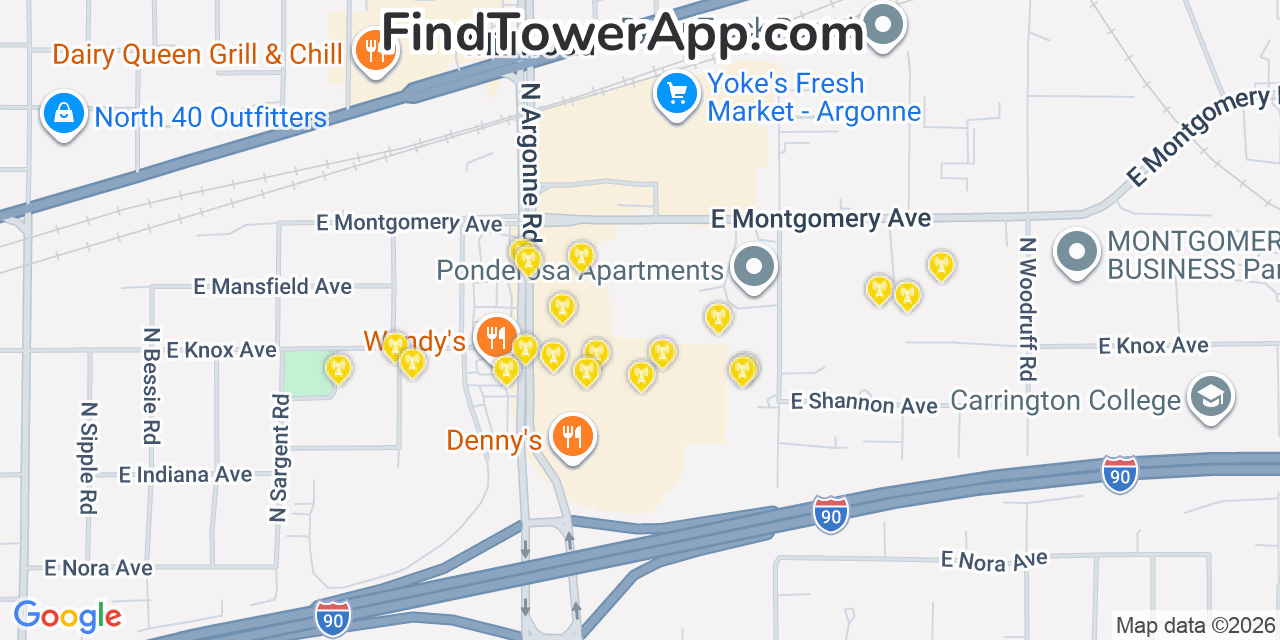 Map showing the 20 primary cell tower locations detected in Millwood, Washington from AT&T, Verizon, and T-Mobile networks