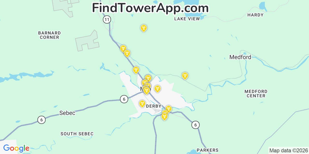 Map showing the 20 primary cell tower locations detected in Milo, Maine from AT&T, Verizon, and T-Mobile networks