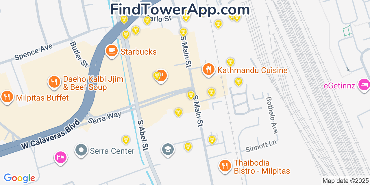 Map showing the 20 primary cell tower locations detected in Milpitas, California from AT&T, Verizon, and T-Mobile networks