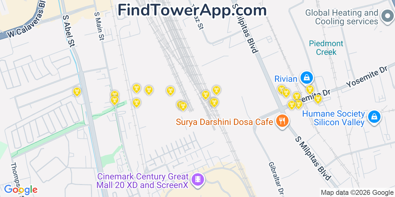 Map showing the 20 primary cell tower locations detected in Milpitas, California from AT&T, Verizon, and T-Mobile networks