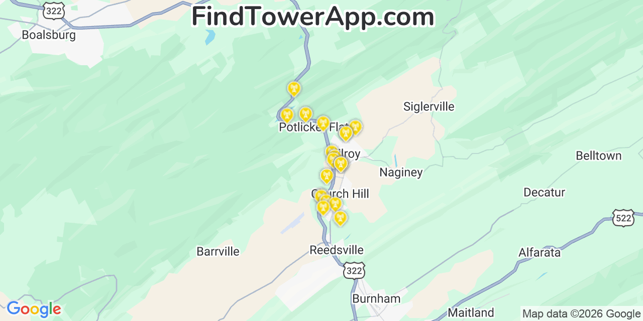 Map showing the 20 primary cell tower locations detected in Milroy, Pennsylvania from AT&T, Verizon, and T-Mobile networks