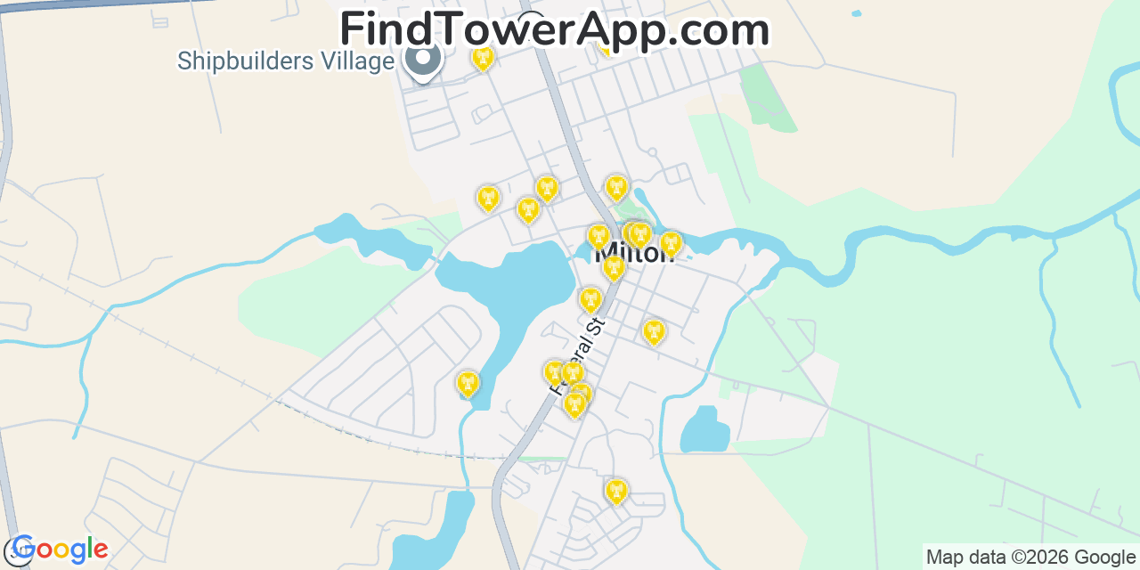 Map showing the 20 primary cell tower locations detected in Milton, Delaware from AT&T, Verizon, and T-Mobile networks