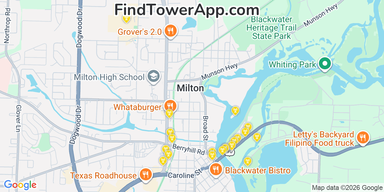 Map showing the 20 primary cell tower locations detected in Milton, Florida from AT&T, Verizon, and T-Mobile networks