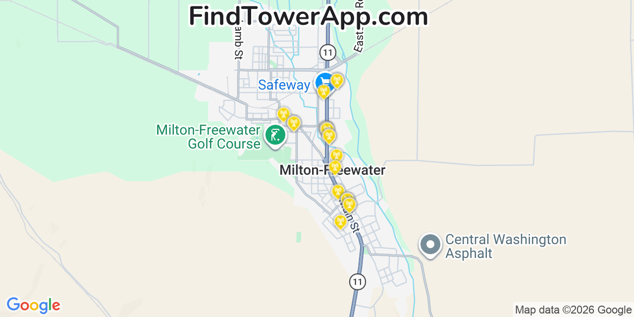 Map showing the 20 primary cell tower locations detected in Milton Freewater, Oregon from AT&T, Verizon, and T-Mobile networks