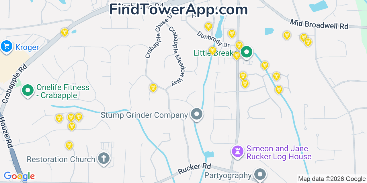 Map showing the 20 primary cell tower locations detected in Milton, Georgia from AT&T, Verizon, and T-Mobile networks