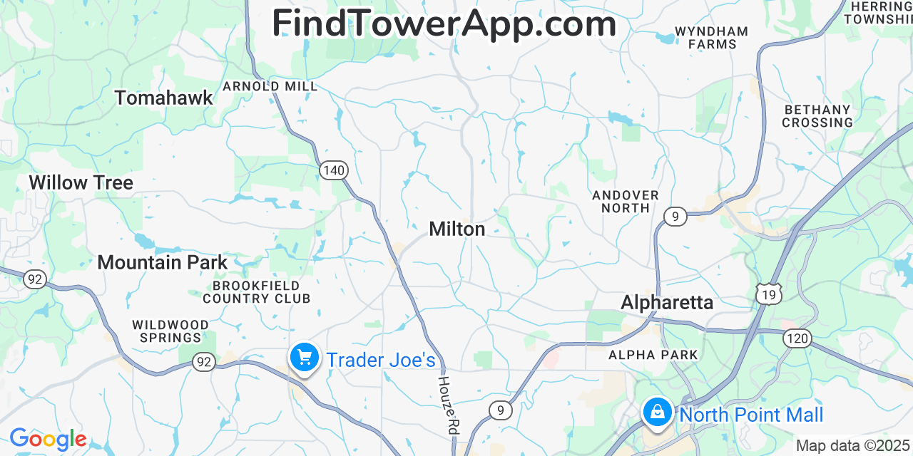 Map showing the 20 primary Mobitel cell tower locations detected in Milton, Georgia with coverage radius and signal strength indicators