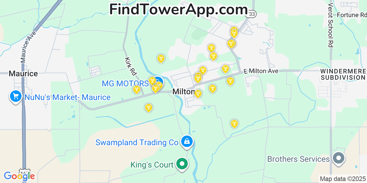 Map showing the 20 primary cell tower locations detected in Milton, Louisiana from AT&T, Verizon, and T-Mobile networks