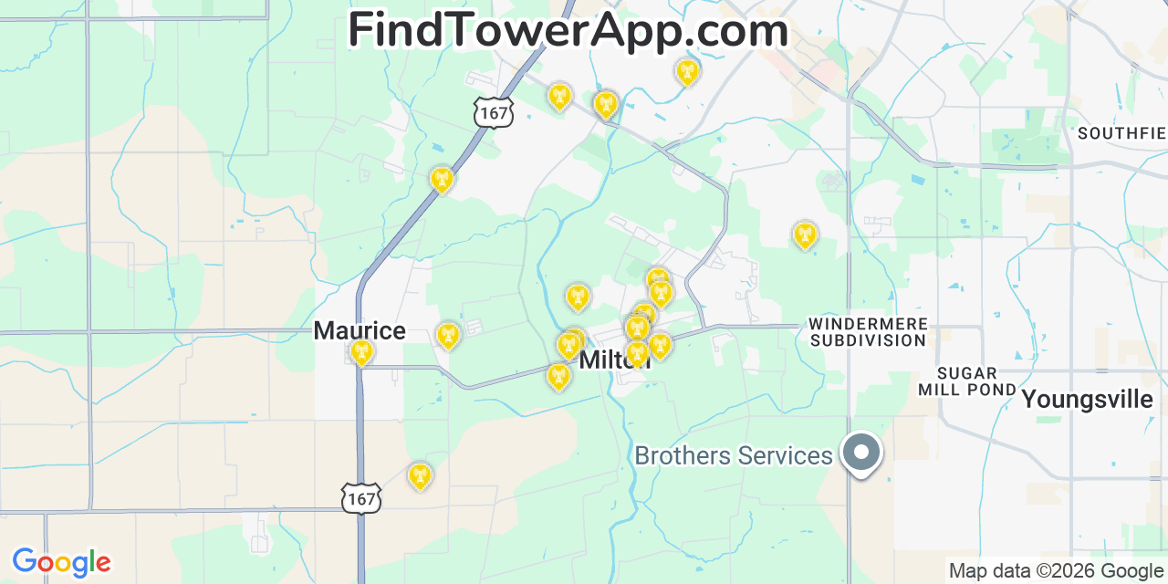 Map showing the 20 primary cell tower locations detected in Milton, Louisiana from AT&T, Verizon, and T-Mobile networks