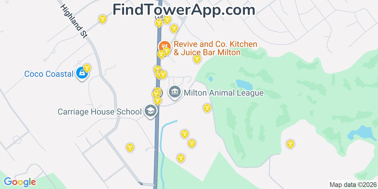Map showing the 20 primary cell tower locations detected in Milton, Massachusetts from AT&T, Verizon, and T-Mobile networks