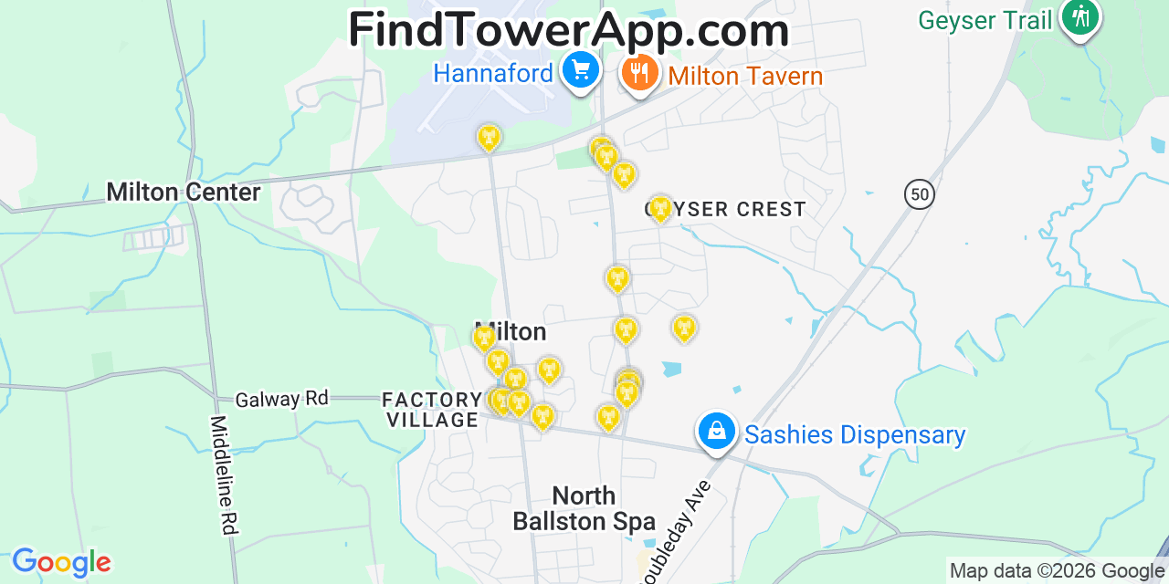 Map showing the 20 primary cell tower locations detected in Milton, New York from AT&T, Verizon, and T-Mobile networks