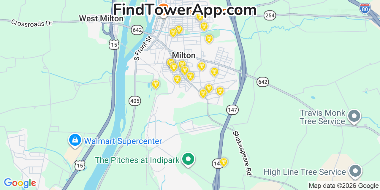 Map showing the 20 primary cell tower locations detected in Milton, Pennsylvania from AT&T, Verizon, and T-Mobile networks