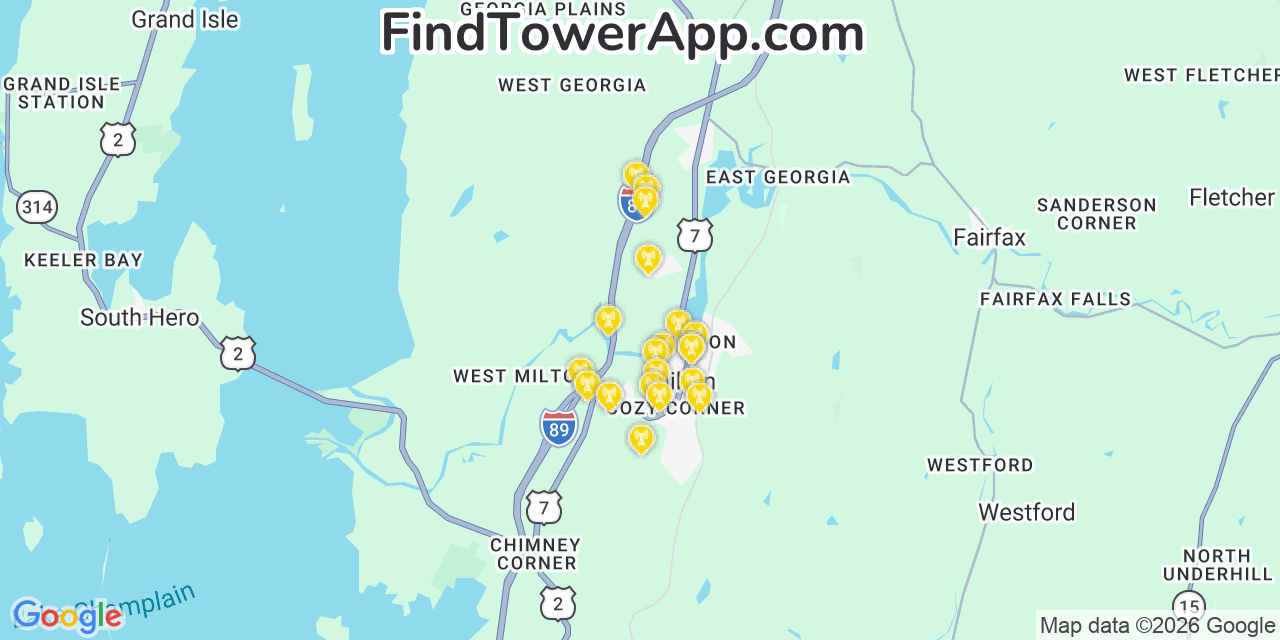 Map showing the 20 primary cell tower locations detected in Milton, Vermont from AT&T, Verizon, and T-Mobile networks