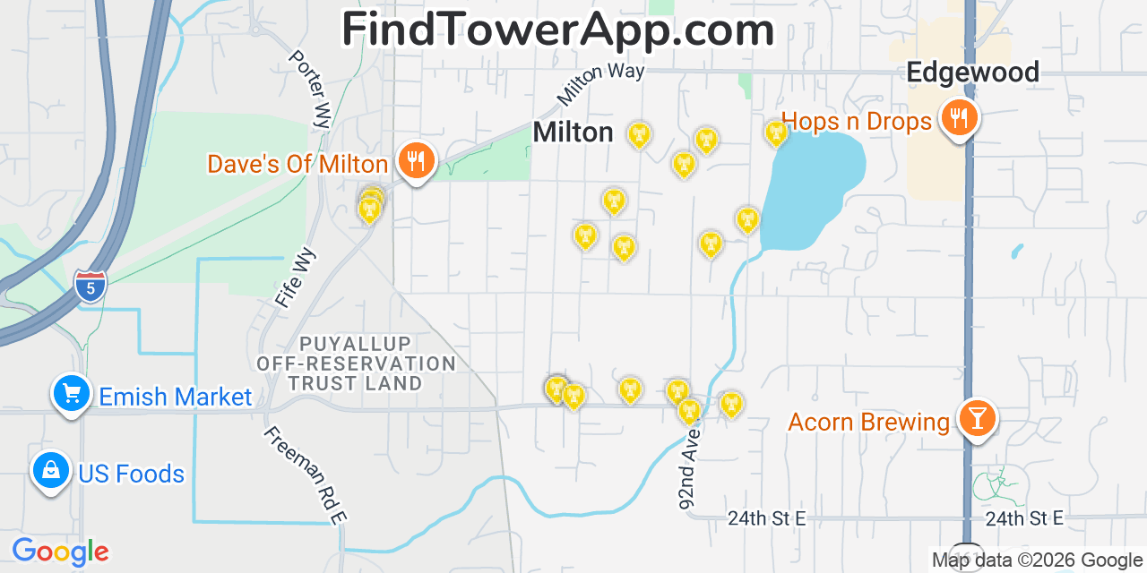 Map showing the 20 primary cell tower locations detected in Milton, Washington from AT&T, Verizon, and T-Mobile networks