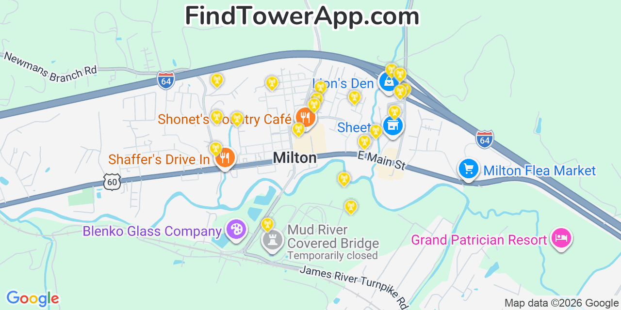 Map showing the 20 primary cell tower locations detected in Milton, West Virginia from AT&T, Verizon, and T-Mobile networks
