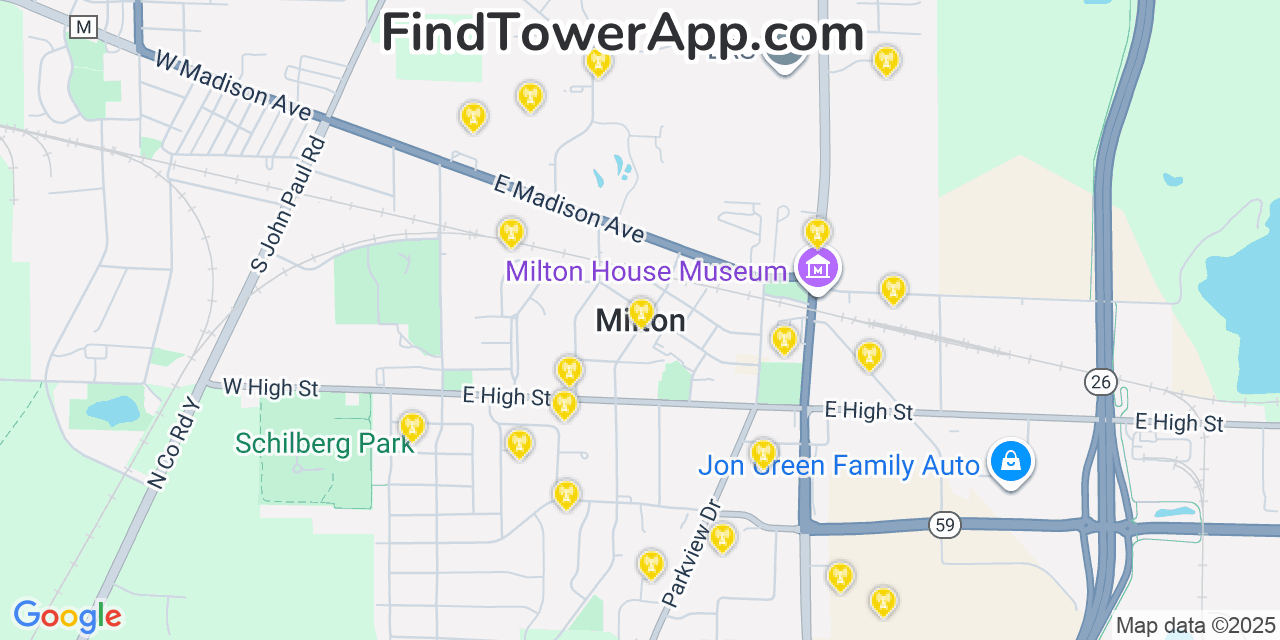 Map showing the 20 primary cell tower locations detected in Milton, Wisconsin from AT&T, Verizon, and T-Mobile networks