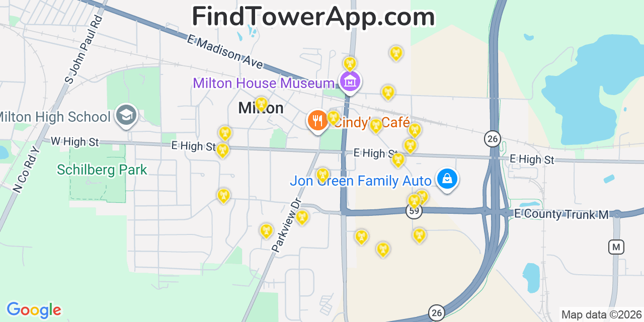 Map showing the 20 primary cell tower locations detected in Milton, Wisconsin from AT&T, Verizon, and T-Mobile networks