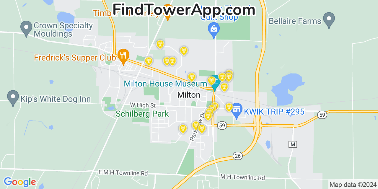 Verizon 4G/5G cell tower coverage map Milton, Wisconsin