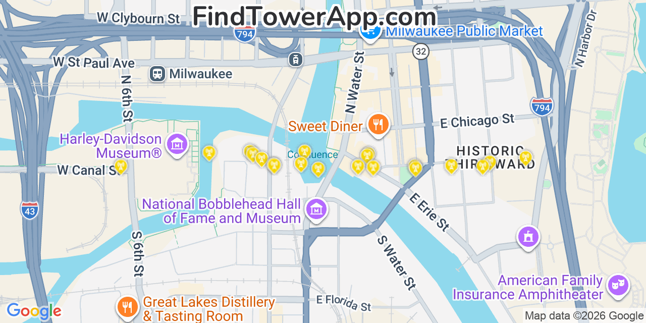 Map showing the 20 primary cell tower locations detected in Milwaukee, Wisconsin from AT&T, Verizon, and T-Mobile networks