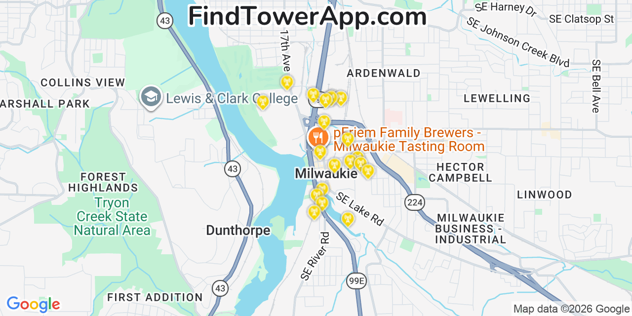 Map showing the 20 primary cell tower locations detected in Milwaukie, Oregon from AT&T, Verizon, and T-Mobile networks