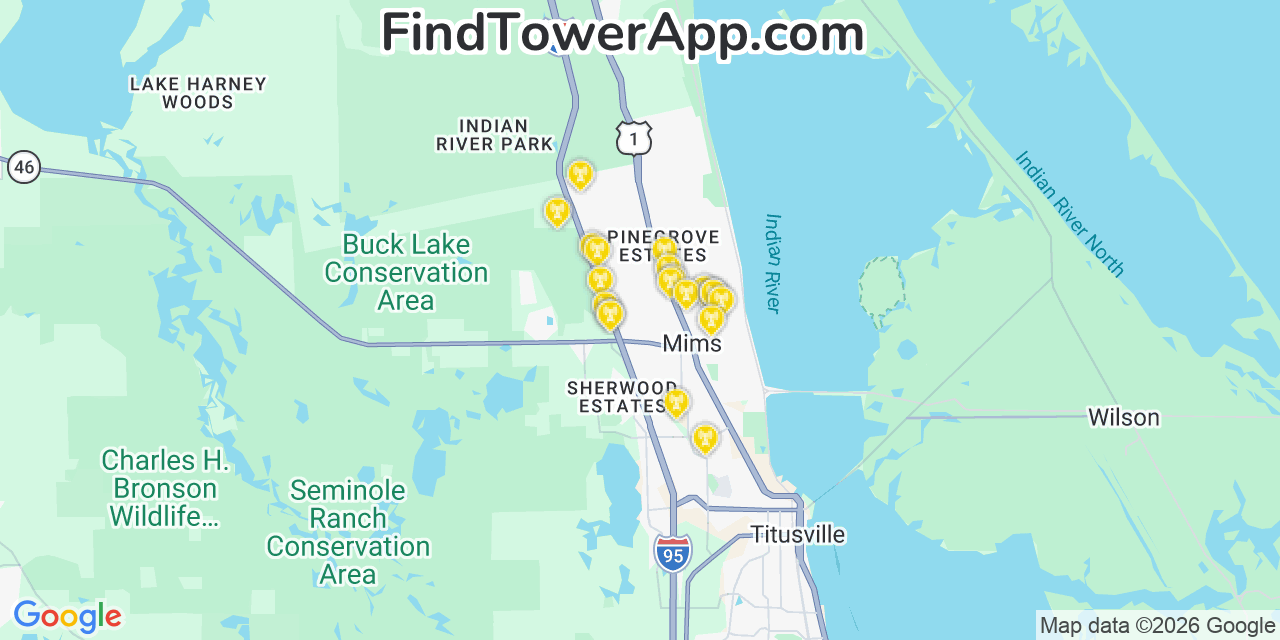 Map showing the 20 primary cell tower locations detected in Mims, Florida from AT&T, Verizon, and T-Mobile networks