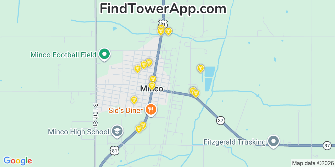 Map showing the 20 primary cell tower locations detected in Minco, Oklahoma from AT&T, Verizon, and T-Mobile networks