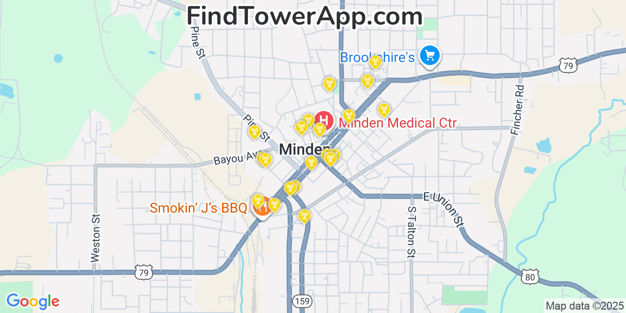Map showing the 20 primary cell tower locations detected in Minden, Louisiana from AT&T, Verizon, and T-Mobile networks