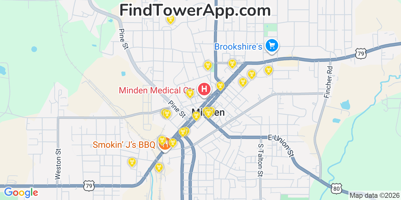 Map showing the 20 primary cell tower locations detected in Minden, Louisiana from AT&T, Verizon, and T-Mobile networks