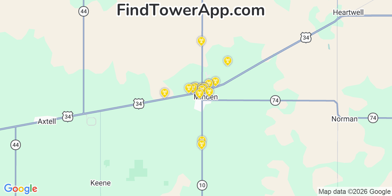Map showing the 20 primary cell tower locations detected in Minden, Nebraska from AT&T, Verizon, and T-Mobile networks