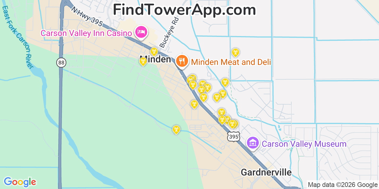 Map showing the 20 primary cell tower locations detected in Minden, Nevada from AT&T, Verizon, and T-Mobile networks