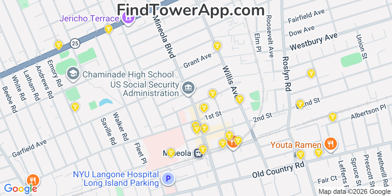 Map showing the 20 primary cell tower locations detected in Mineola, New York from AT&T, Verizon, and T-Mobile networks