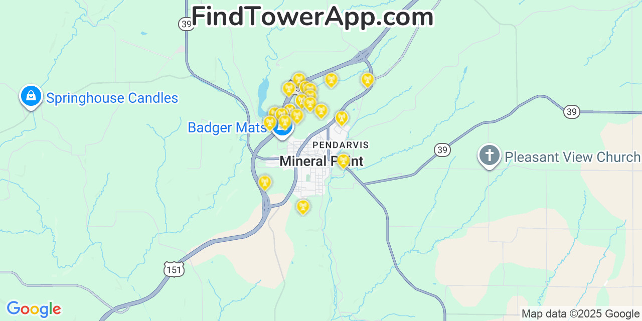 Map showing the 20 primary cell tower locations detected in Mineral Point, Wisconsin from AT&T, Verizon, and T-Mobile networks