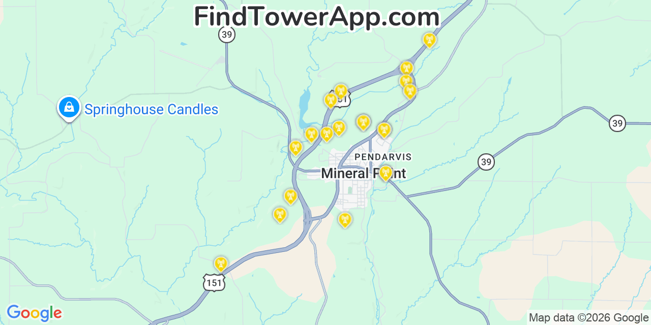 Map showing the 20 primary cell tower locations detected in Mineral Point, Wisconsin from AT&T, Verizon, and T-Mobile networks