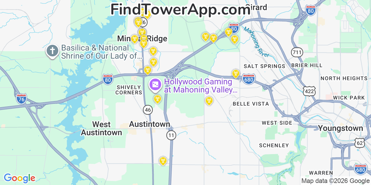 Map showing the 20 primary cell tower locations detected in Mineral Ridge, Ohio from AT&T, Verizon, and T-Mobile networks