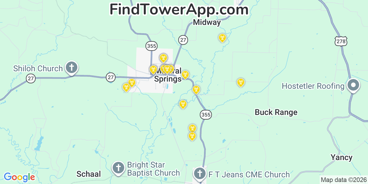 Map showing the 20 primary cell tower locations detected in Mineral Springs, Arkansas from AT&T, Verizon, and T-Mobile networks