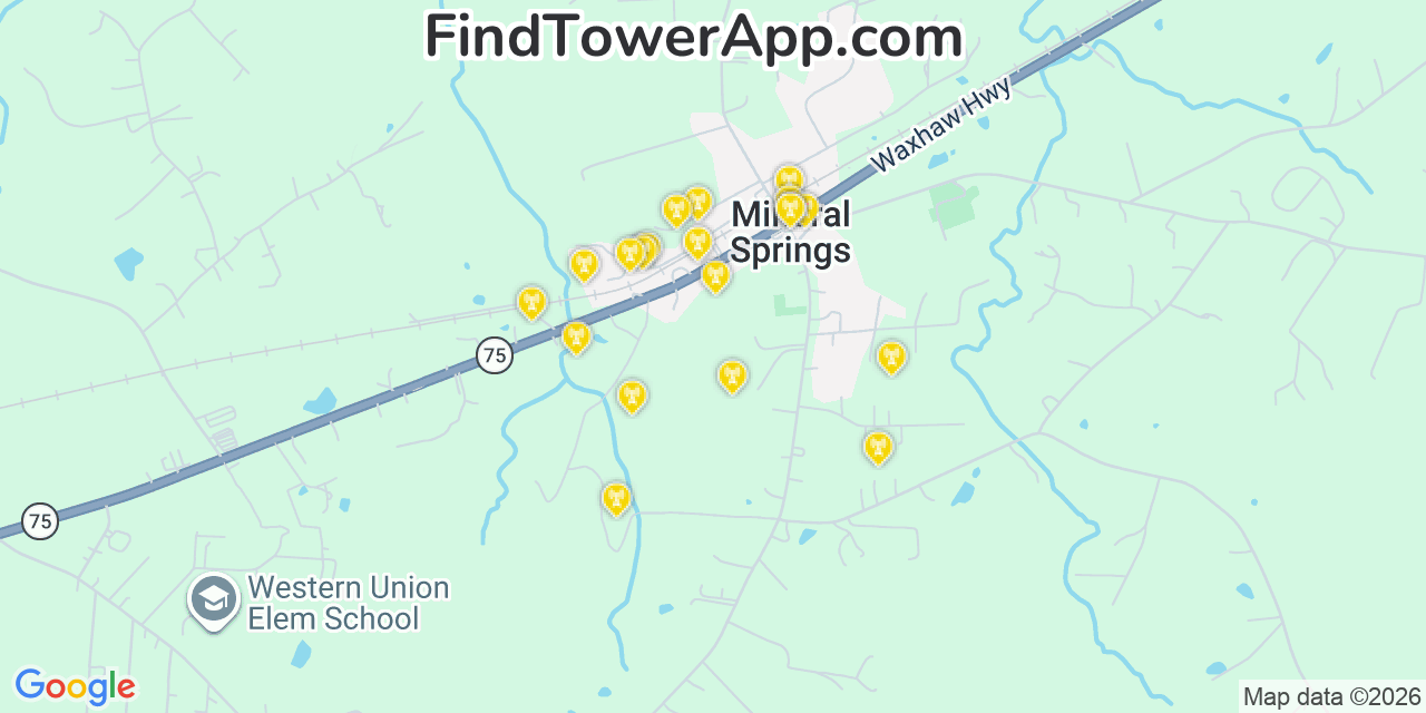 Map showing the 20 primary cell tower locations detected in Mineral Springs, North Carolina from AT&T, Verizon, and T-Mobile networks