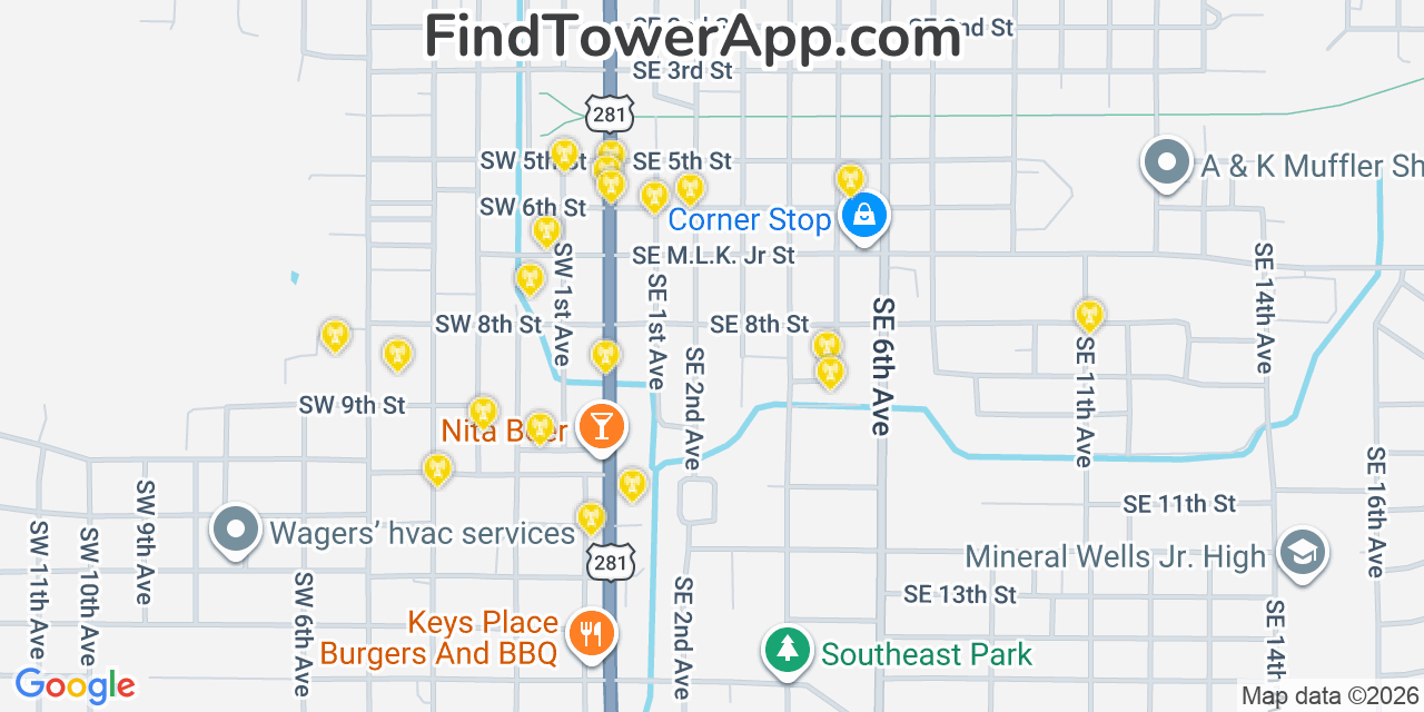 Map showing the 20 primary cell tower locations detected in Mineral Wells, Texas from AT&T, Verizon, and T-Mobile networks