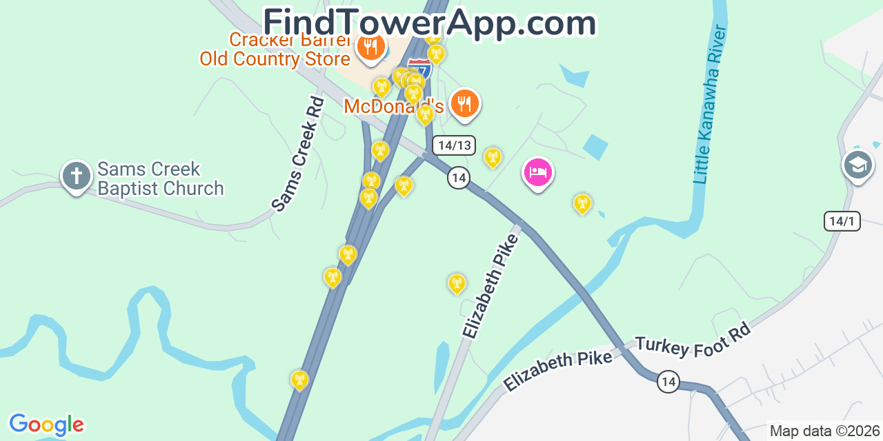Map showing the 20 primary cell tower locations detected in Mineral Wells, West Virginia from AT&T, Verizon, and T-Mobile networks