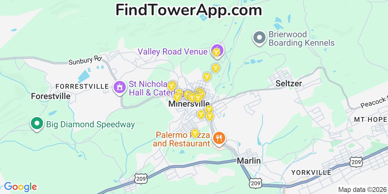 Map showing the 20 primary cell tower locations detected in Minersville, Pennsylvania from AT&T, Verizon, and T-Mobile networks