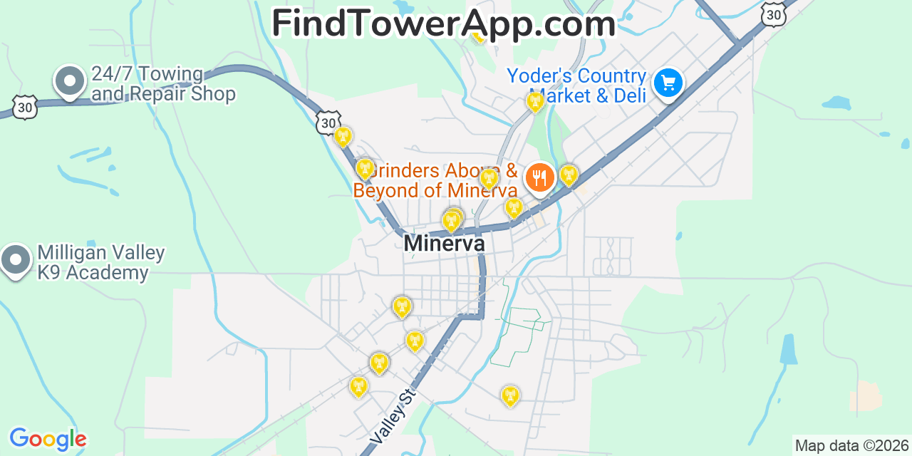 Map showing the 20 primary cell tower locations detected in Minerva, Ohio from AT&T, Verizon, and T-Mobile networks