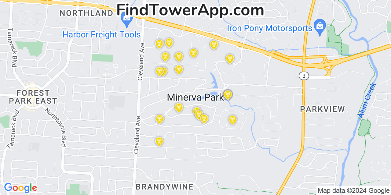 AT&T 4G/5G cell tower coverage map Minerva Park, Ohio