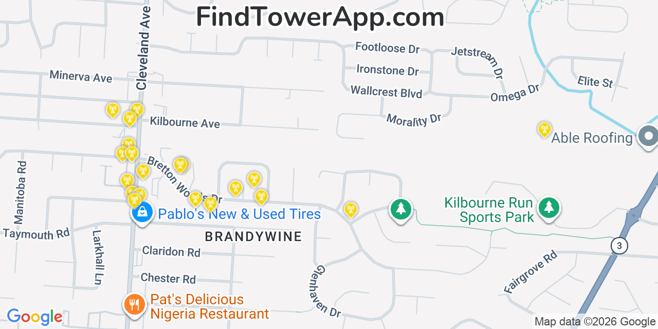 Map showing the 20 primary cell tower locations detected in Minerva Park, Ohio from AT&T, Verizon, and T-Mobile networks