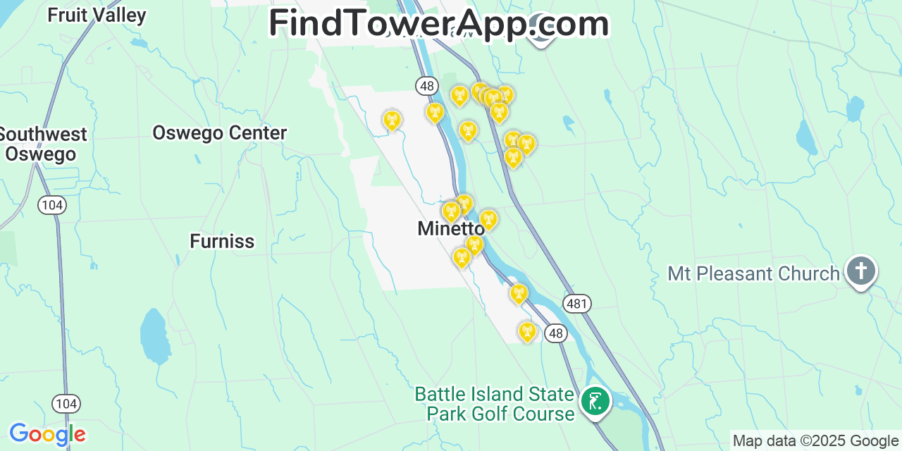 Map showing the 20 primary cell tower locations detected in Minetto, New York from AT&T, Verizon, and T-Mobile networks